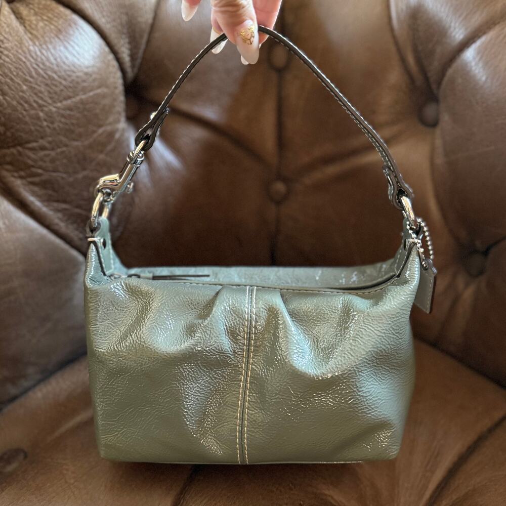 Coach Soho Pleated Patent Leather Mini Demi Hobo Baguette Sage Green Y2K